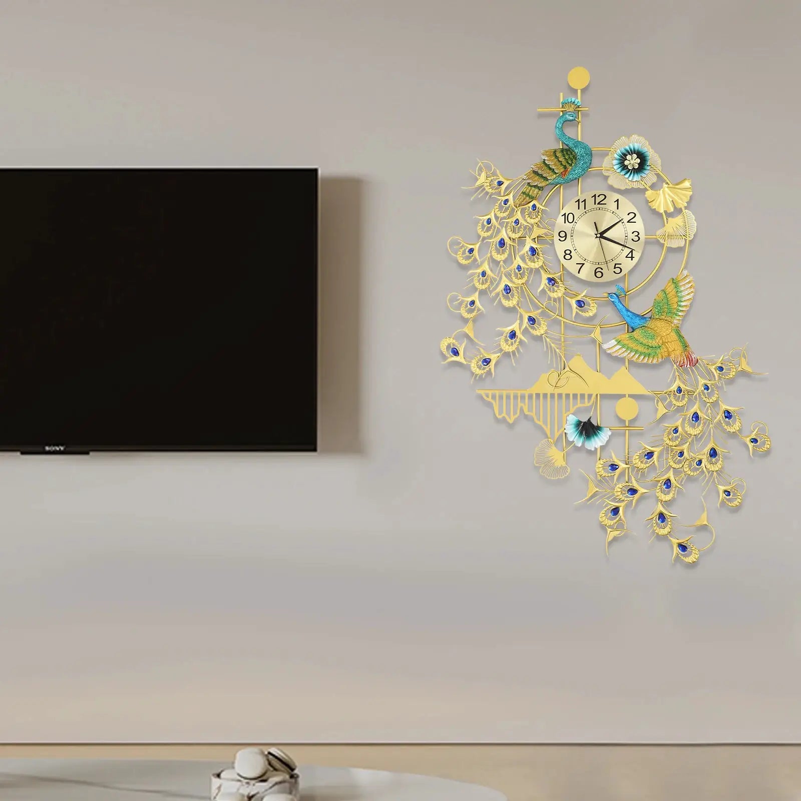Peacock wall clock in gold-tone metal with blue rhinestones, large 80x120 cm, quartz movement