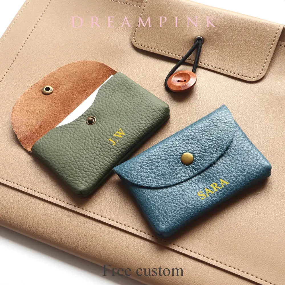 Personalized genuine leather card holder duo; green J.W. and blue SARA mini wallets with gold monograms
