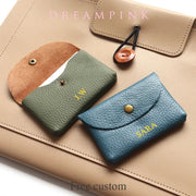 Personalized genuine leather card holder duo; green J.W. and blue SARA mini wallets with gold monograms