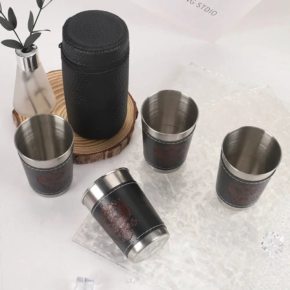 4-piece stainless steel travel cup set with black PU leather sleeves and a zippered case