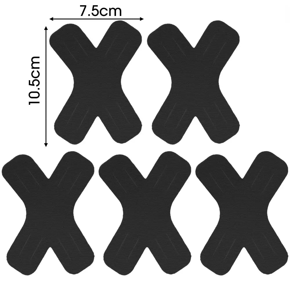 Six black X-shaped kinesiology tape strips by Simples Market; elastic therapeutic athletic tape for joints