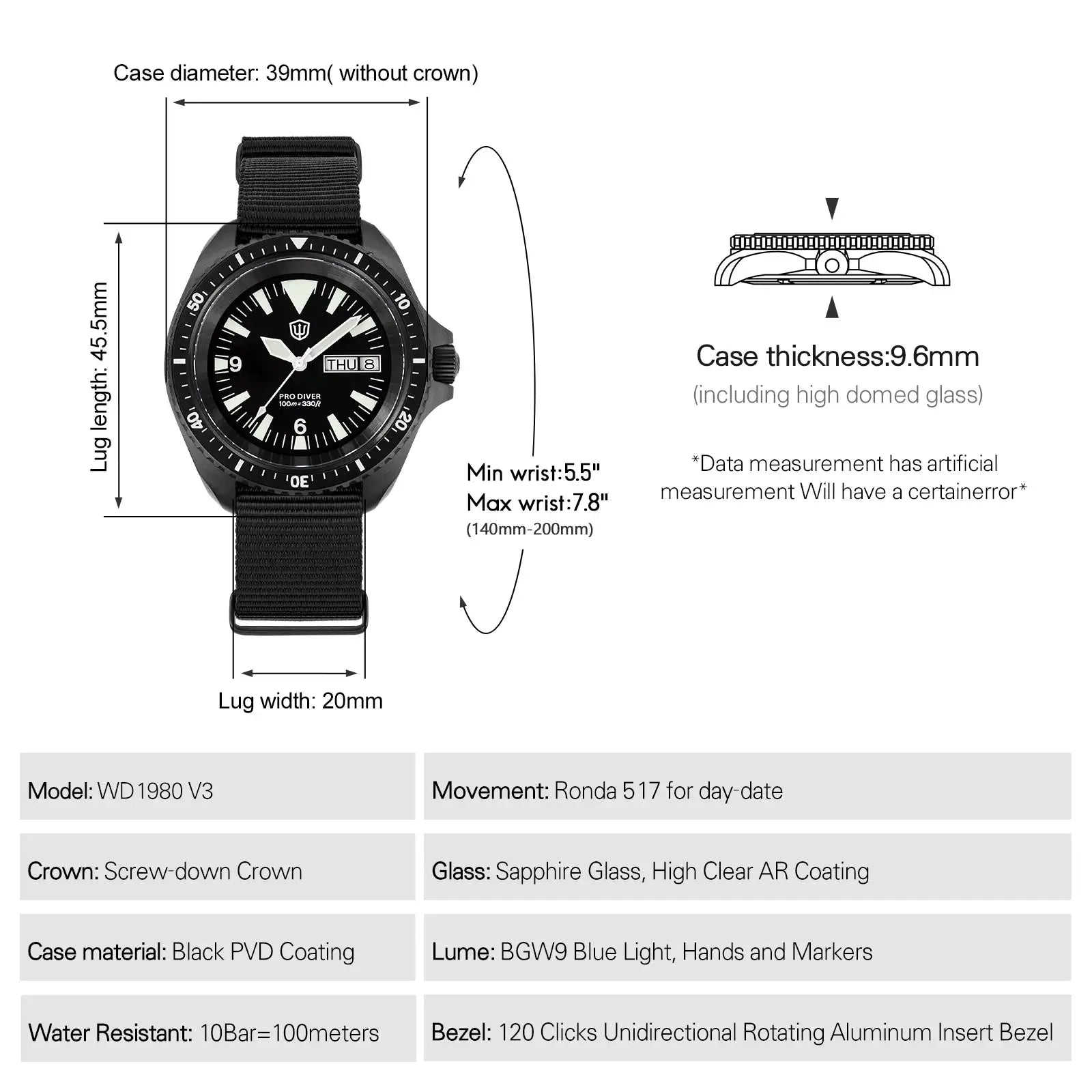 Watchdives WD1980 V3 black nylon strap diver watch with sapphire glass, 10Bar water resistant