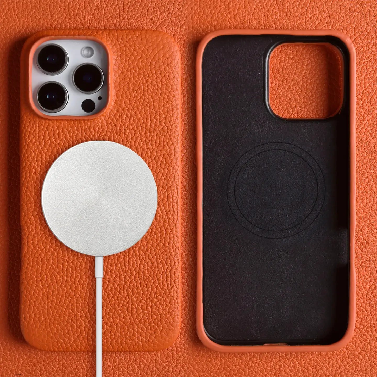 Orange genuine leather MagSafe phone case for iPhone 11–16 Pro Max; full-wrap back cover (2 cases shown)