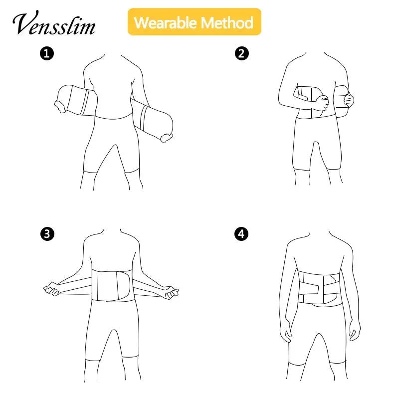 Vensslim men waist trainer belt shown in a four-step wear method diagram.