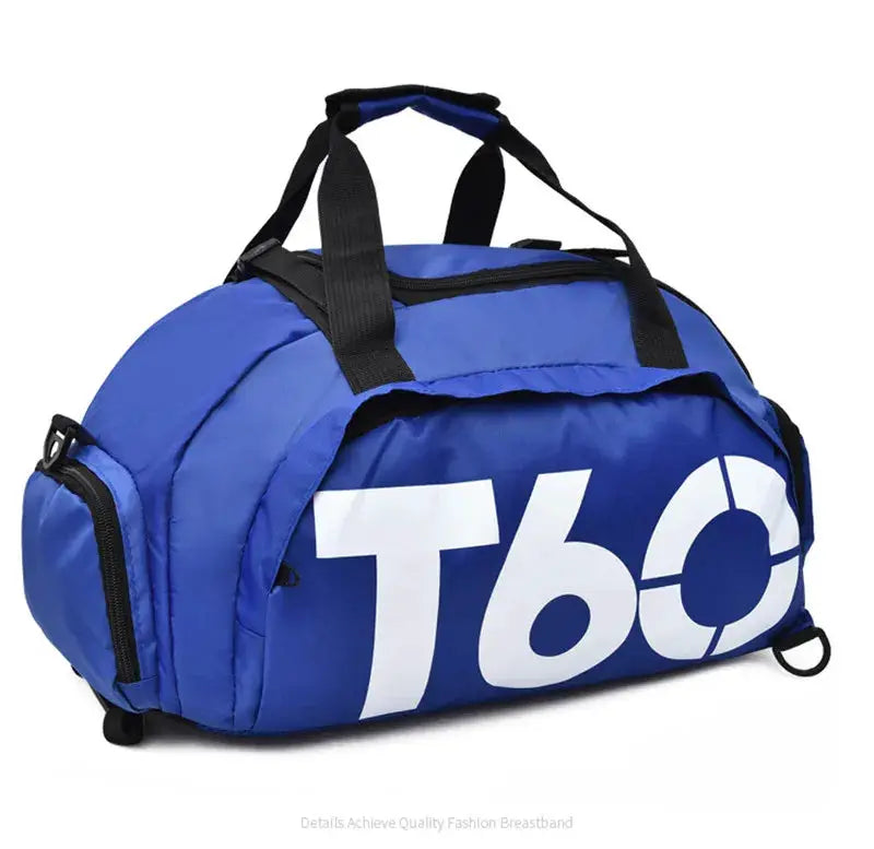 Gym bag by Simples Market, blue waterproof duffel with black handles and large white logo