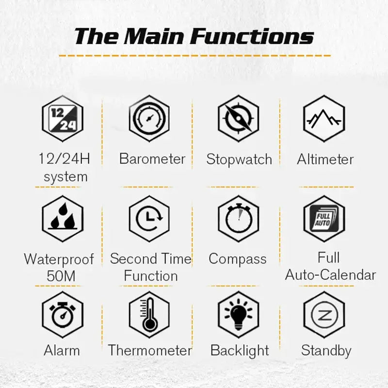 NORTH EDGE men's sports digital watch main features infographic: 12/24H, barometer, stopwatch, altimeter, compass, waterproof 50M.