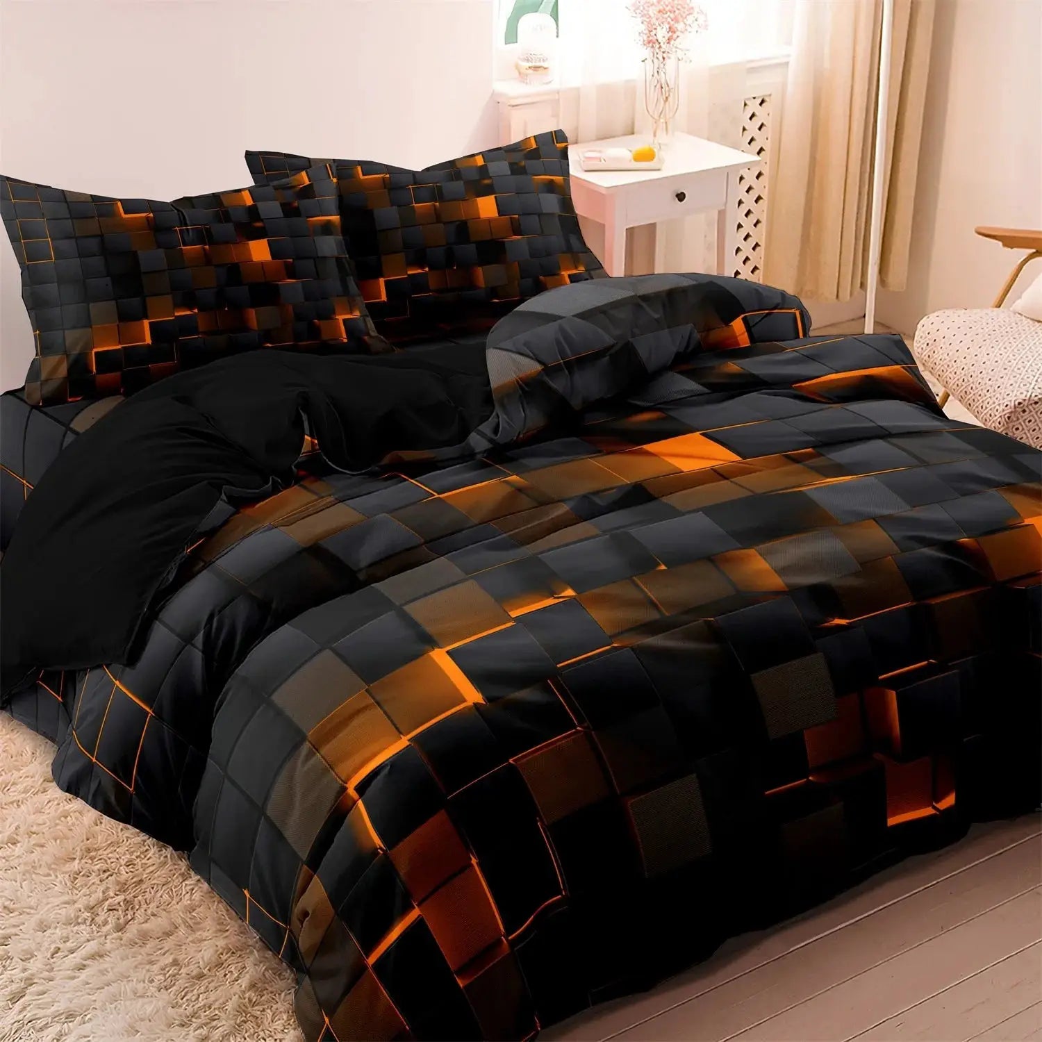 Duvet cover set by Simples Market, geometric grid plaid in black and orange; includes 1 duvet cover and 2 pillowcases