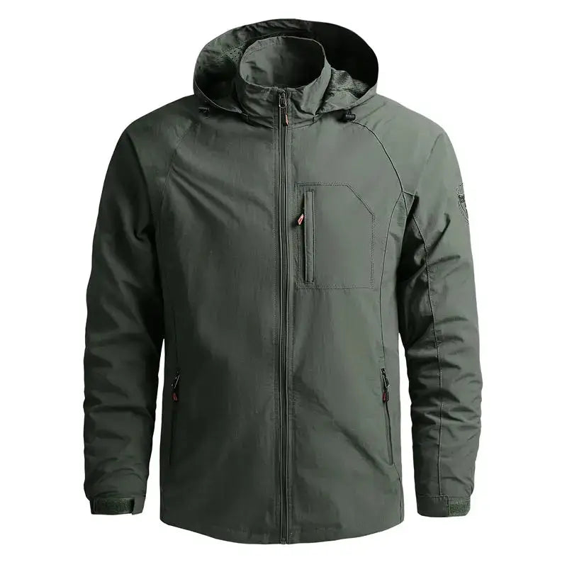 Simples Market men's outdoor waterproof jacket, olive green windbreaker with hood, zip pockets
