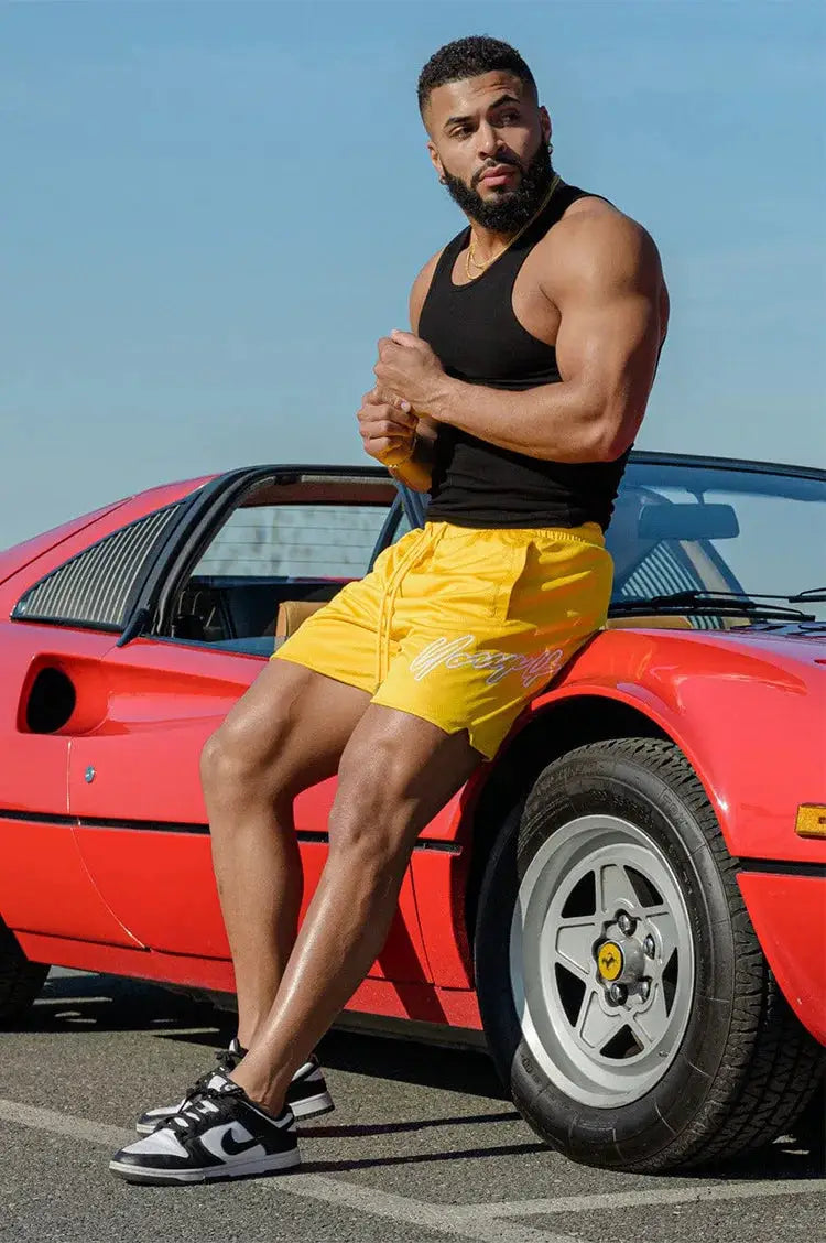 Trend men's mesh quick-dry beach shorts in bright yellow with drawstring waist