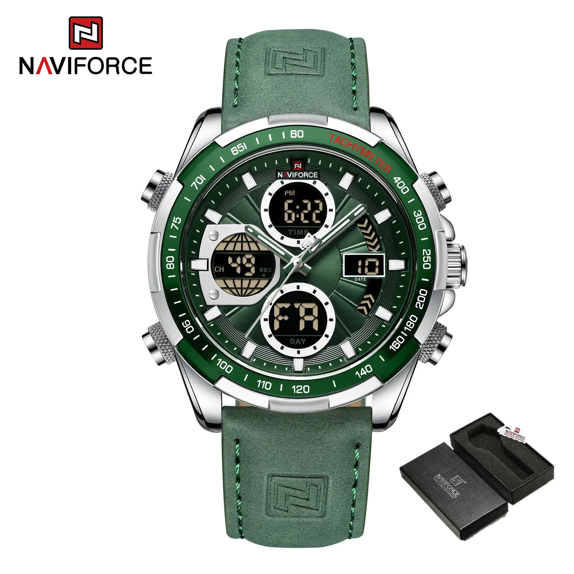 Naviforce men's fashion military watch with green suede strap, tachymeter, digital-analog chronograph