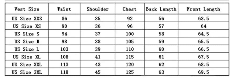Simples Market men's suit vest size chart with US XXS–3XL and waist, shoulder, chest, back and front lengths