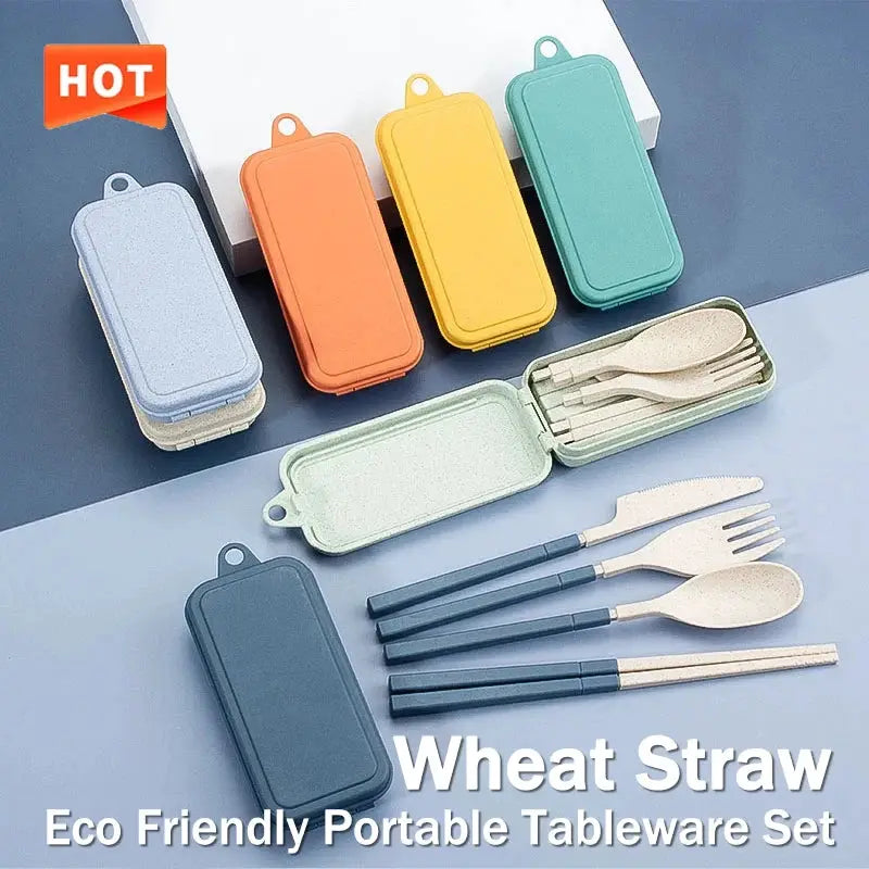 4Pcs Portable Tableware Set Wheat Straw Detachable Cutlery For Travel Picnic Camping Dinnerware Lightweight Durable