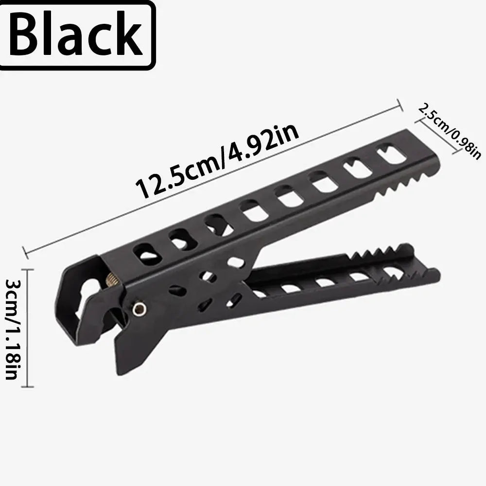 Clip bowl gripper in black aluminium for camping pots and pans; portable anti-hot handle holder