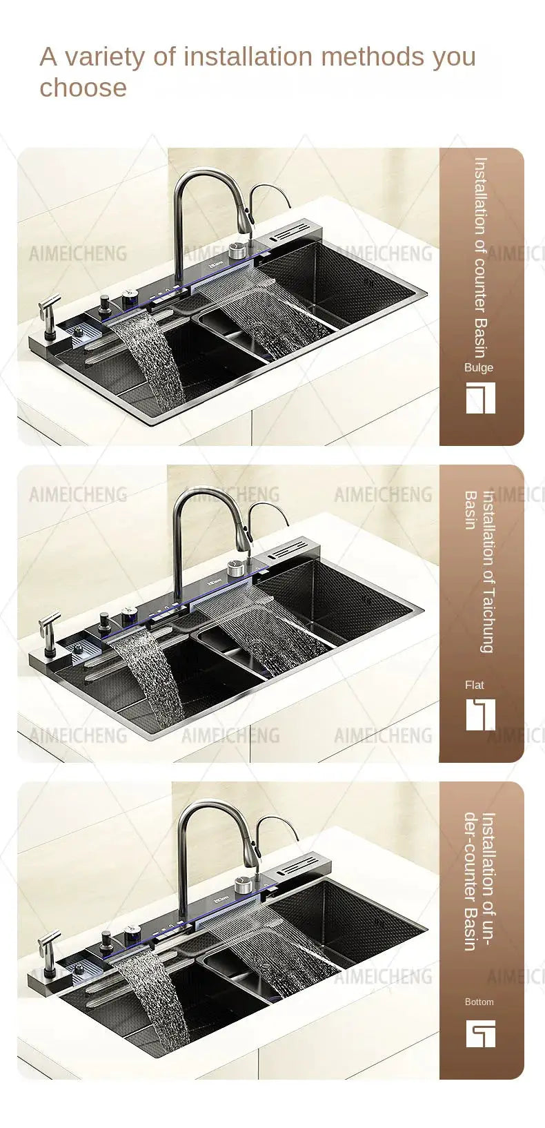Simples Market stainless steel waterfall kitchen sink with dual basins and left-side drainage