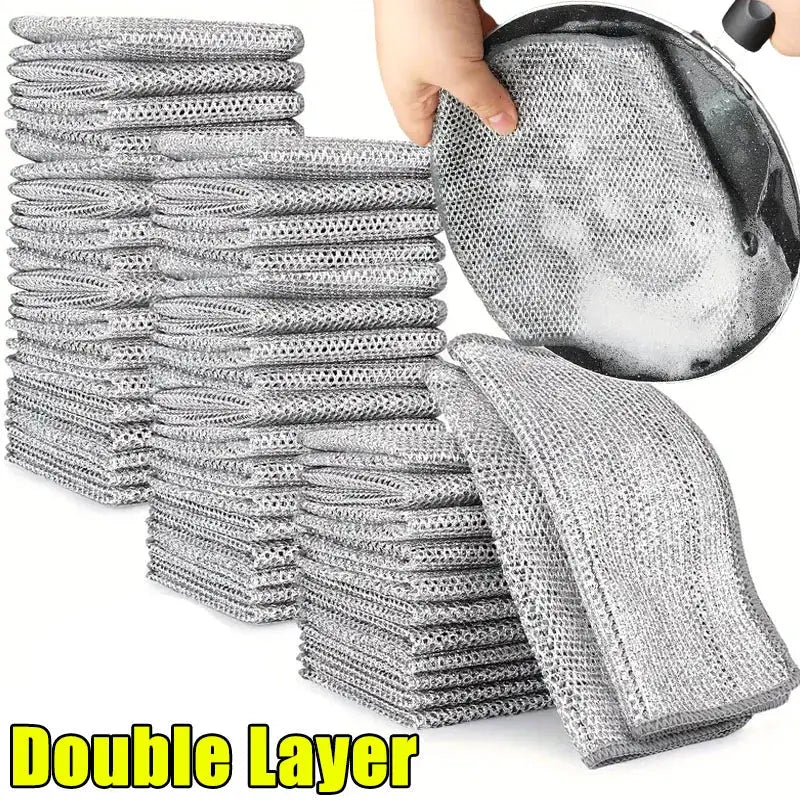 Double-layer stainless steel wire dish scrubbers, stacked in a large pack for kitchen cleaning and dishwashing.