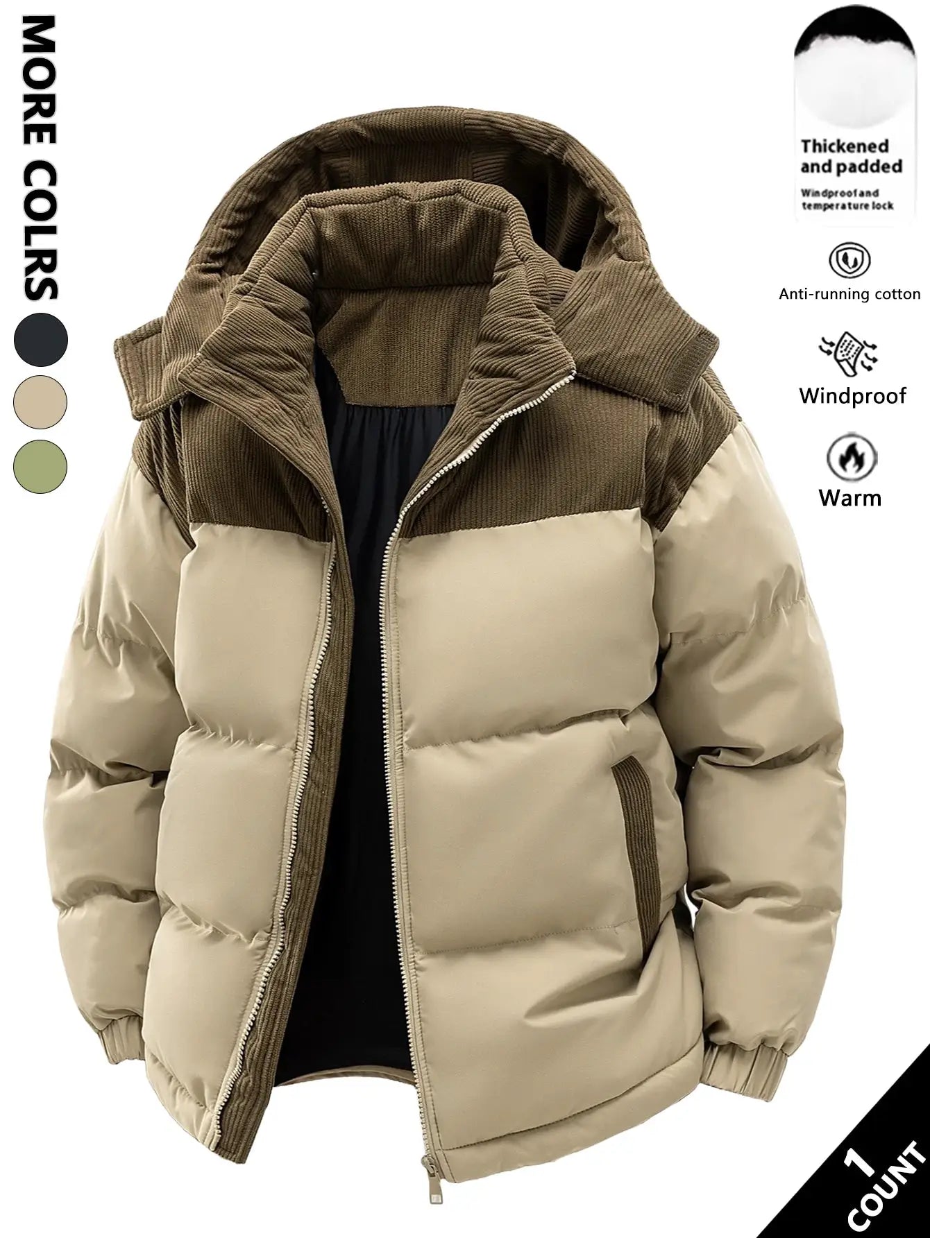 Men's two-tone beige puffer jacket with brown corduroy upper panel; warm windproof coat.
