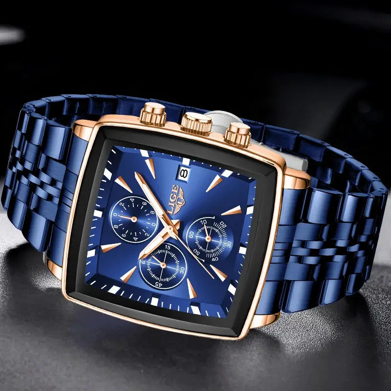 Relógio masculino LIGE square blue dial chronograph stainless steel watch with rose-gold bezel and blue bracelet