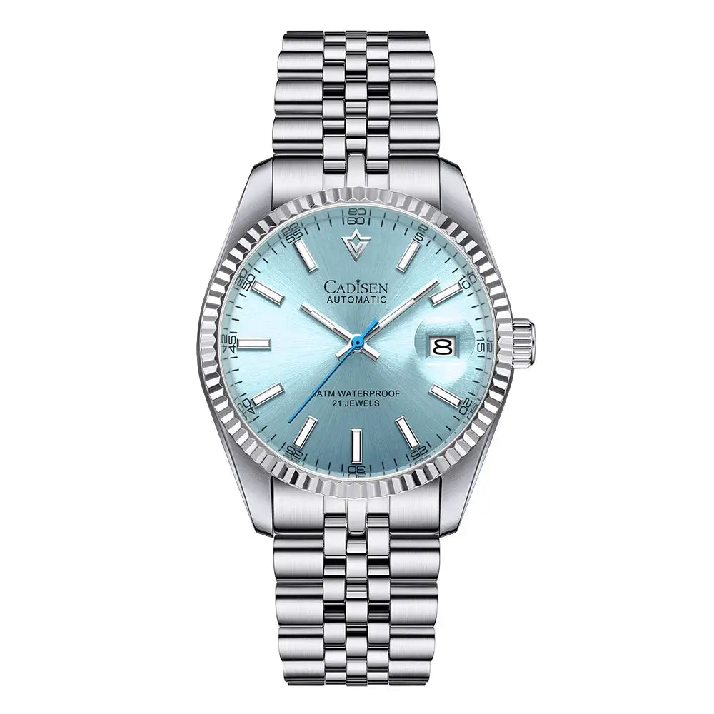 Cadisen men's automatic stainless steel watch with blue dial, date window, waterproof
