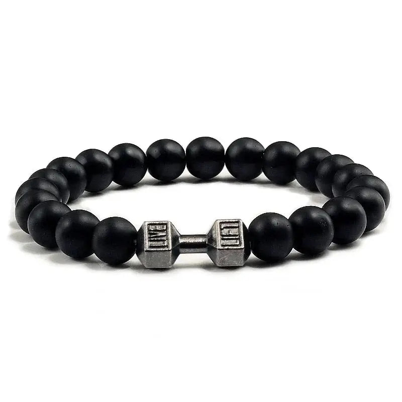 Natural Volcanic Stone Bracelet For Men And Women Matte Black Lava White Beads Dumbbell Charm Strand Fitness Jewelry