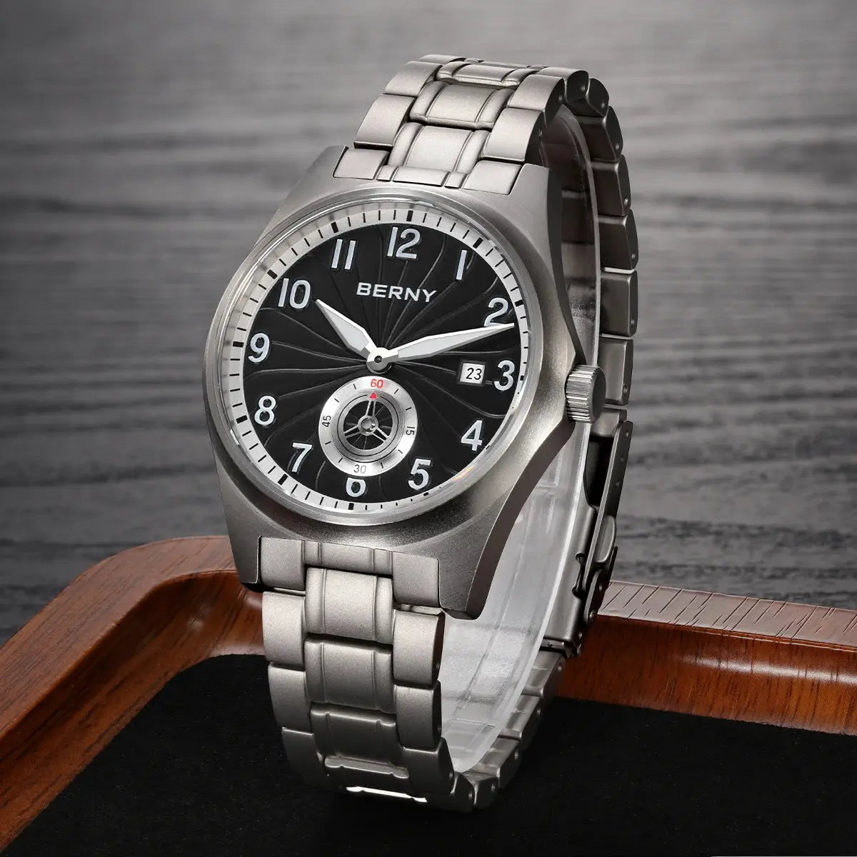 BERNY full titanium automatic men’s watch with black dial and silver-toned metal bracelet