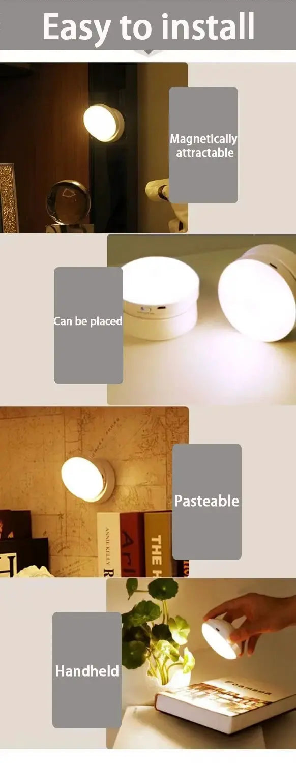 Round USB motion-sensor night light by Simples Market; white energy-saving LED lamp for walls, bedrooms, and bathrooms
