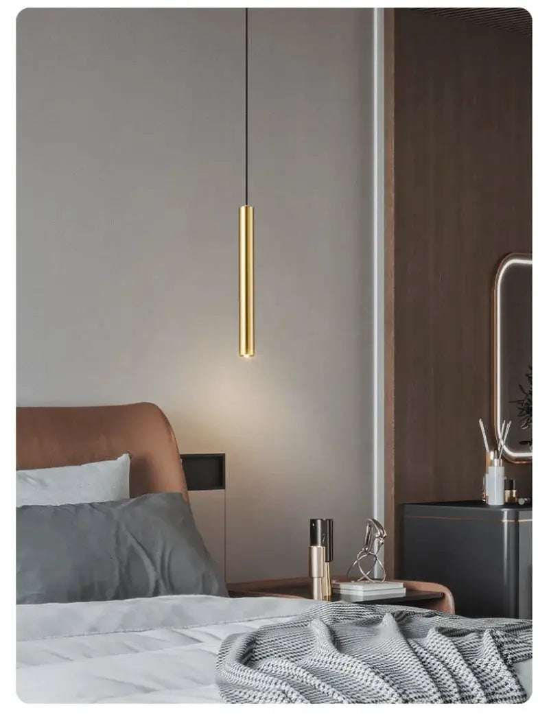 Minimalist bedside pendant lamp in gold, hanging LED light by Simples Market