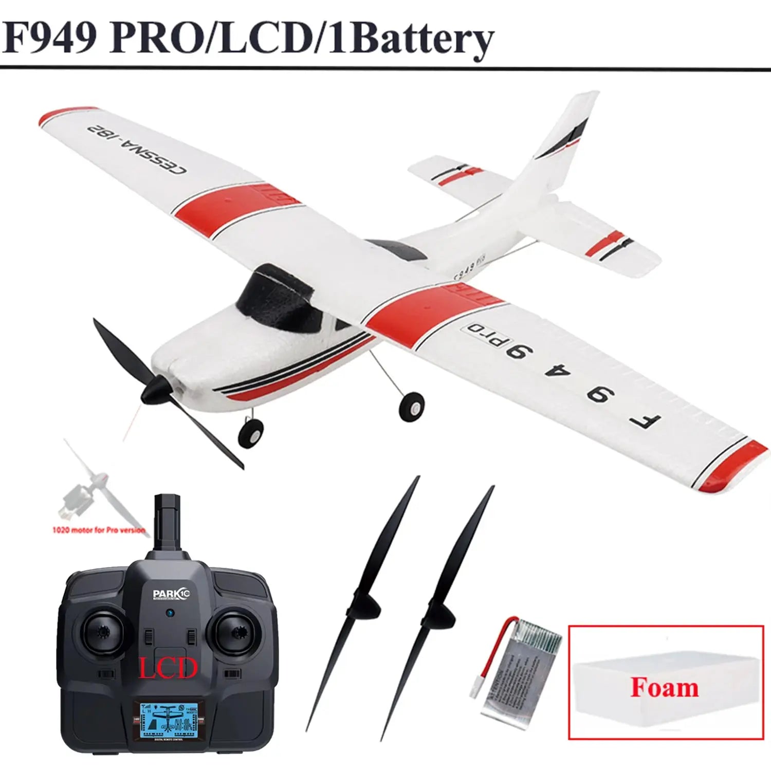 WLtoys F949 LCD RC airplane, white with red accents, fixed-wing Cessna 182, includes remote and spare props