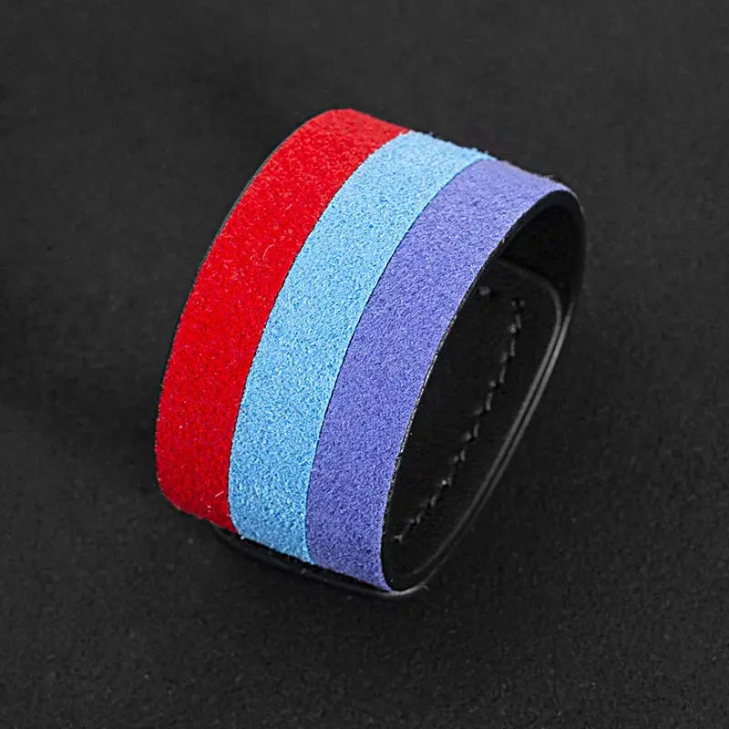 Steering wheel decor band by Simples Market, Italy super suede with red, light blue and purple stripes