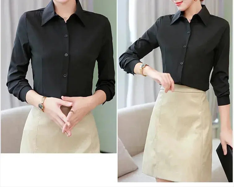 Women's black long-sleeve button-front blouse with beige skirt, office-ready set