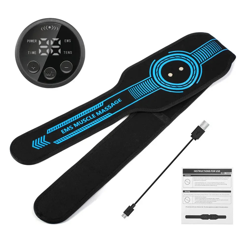 Simples Market EMS belt massage set with black neoprene strap, blue design, USB charging cable and control unit.
