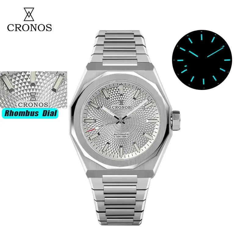 Cronos Rhombus Perlage 39mm stainless steel automatic wristwatch with luminescent markers and see-through caseback