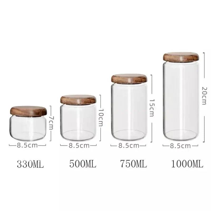 KEMORELA Transparent Glass Storage Jar With Acacia Wood Lid Round Tea Jar For Dried Fruit Snacks Kitchen Organization