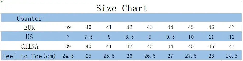 Men's canvas loafers size chart from Simples Market showing EU 39–47, US 7–12, heel-to-toe 24.5–28.5 cm