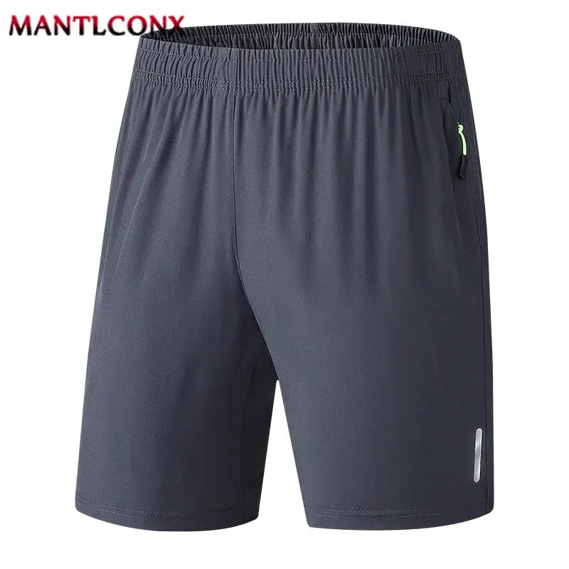 Men's 3XL quick-dry jogging shorts, dark gray, breathable fabric with neon green zipper, MANTLCONY logo.
