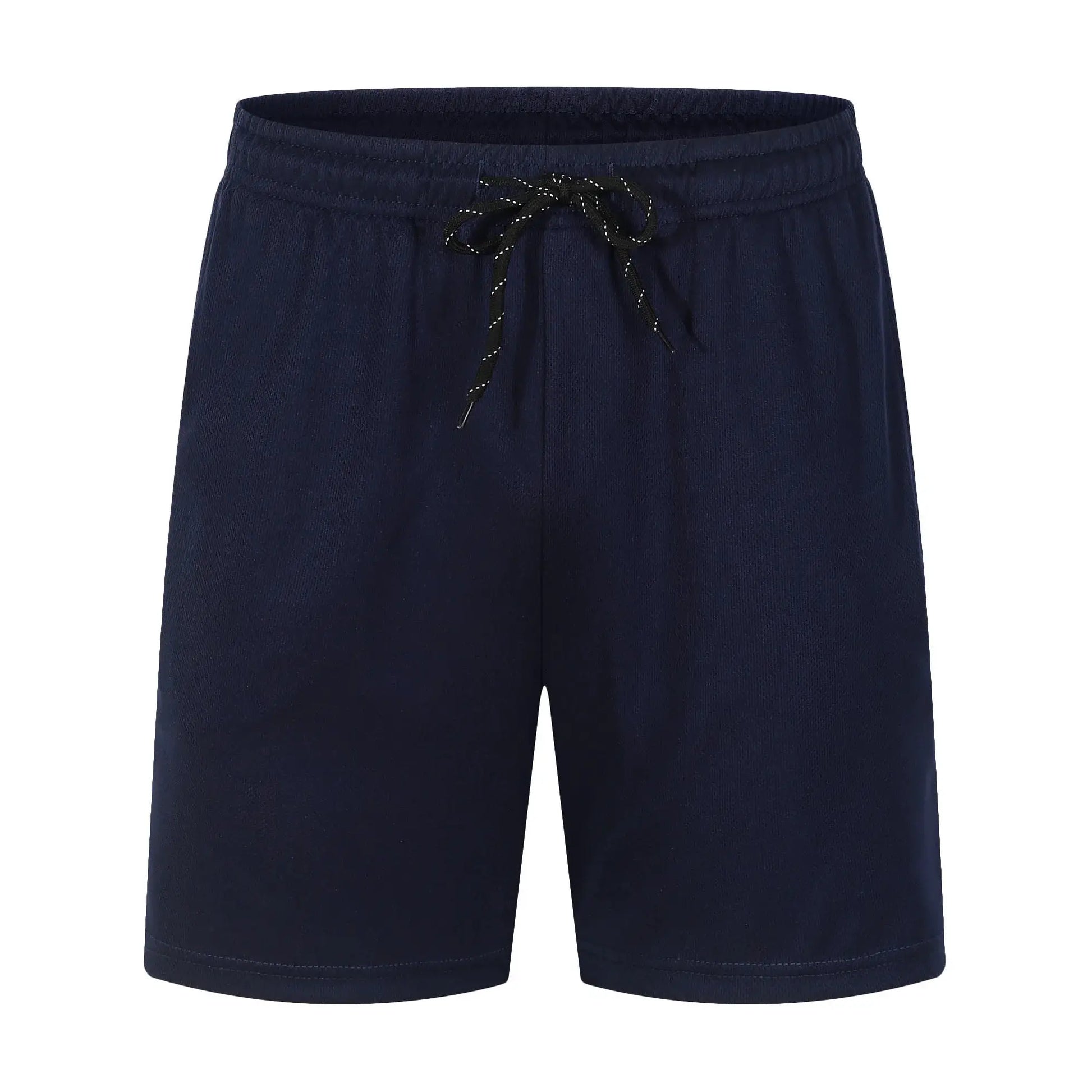 Men's navy blue polyester sports shorts with a black drawstring waist.