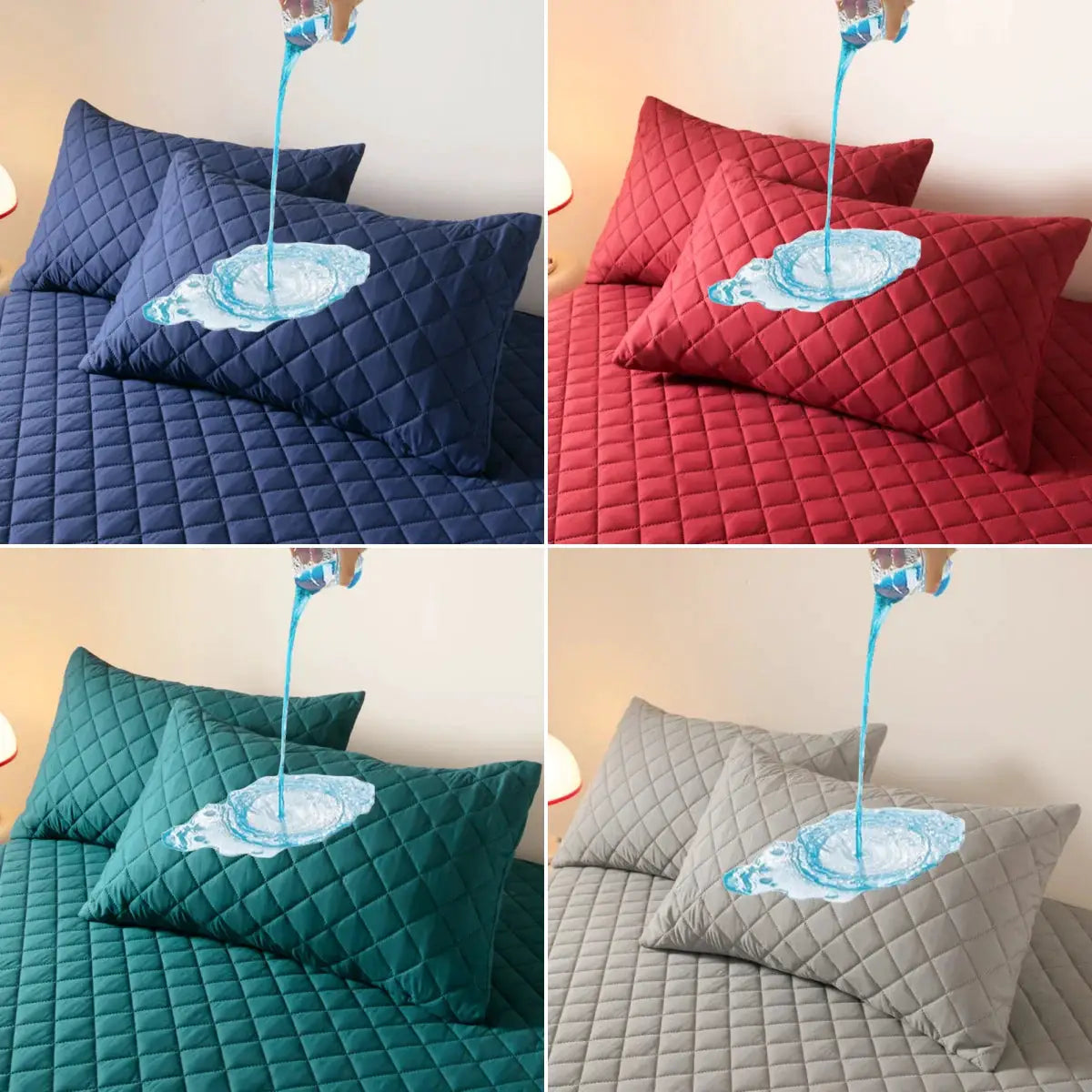 Northern Europe double-deck quilted cotton pillowcase pair in blue red teal gray; waterproof anti-mite antibacterial