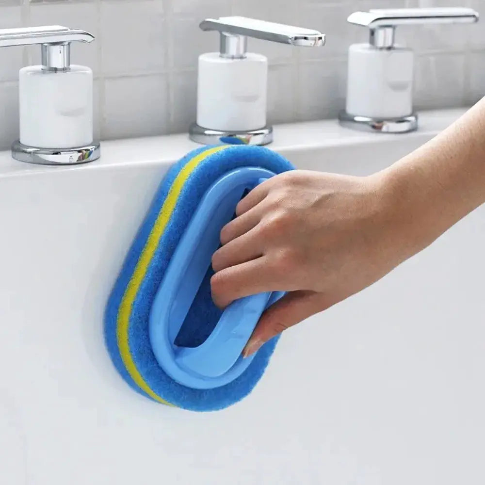 Household cleaning brush with handle; blue scrubbing sponge with yellow stripe for kitchen and bathroom.