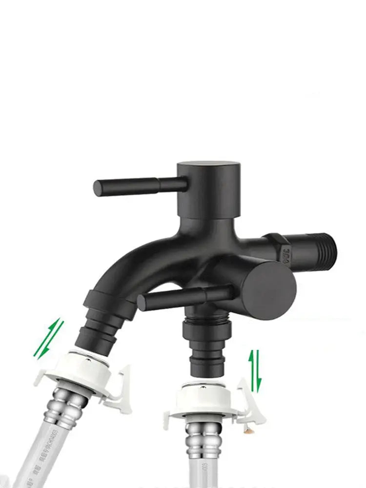 Black 1/2in double-outlet faucet with dual levers for washing machine and dual hose fittings.