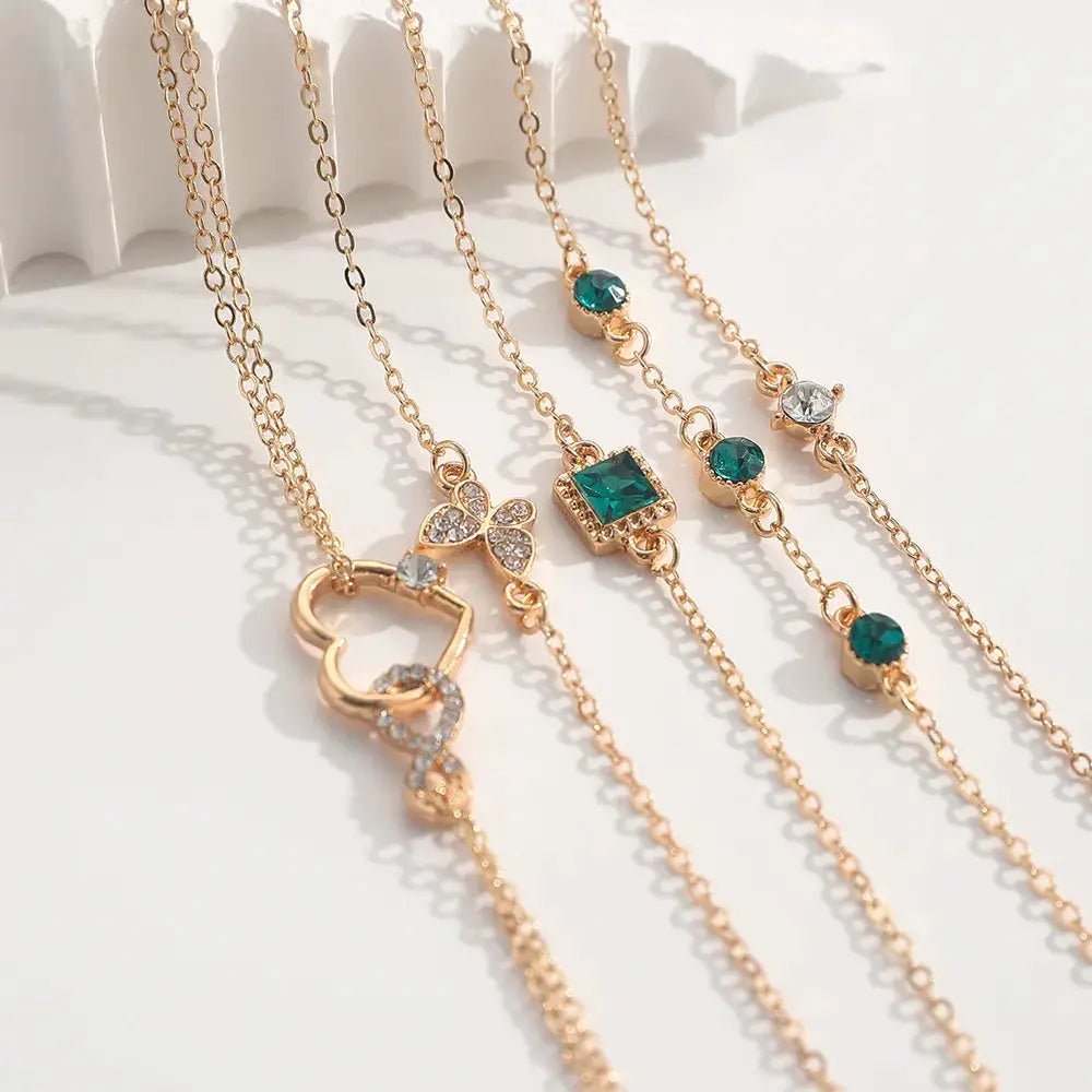 5Pcs Green Crystal Bracelet Set for Women Butterfly Heart Charm Gold Silver Color Chain Bangle Jewelry Trendy - Simples Market