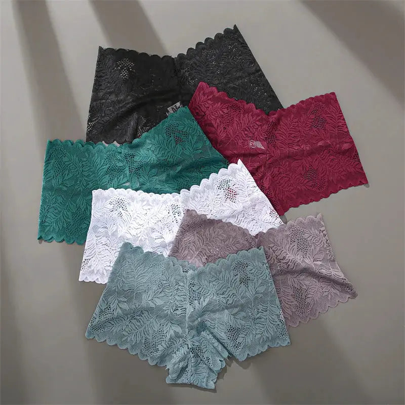 Women's lace floral boyshort underwear 7-pack in seven colors, breathable low-rise.