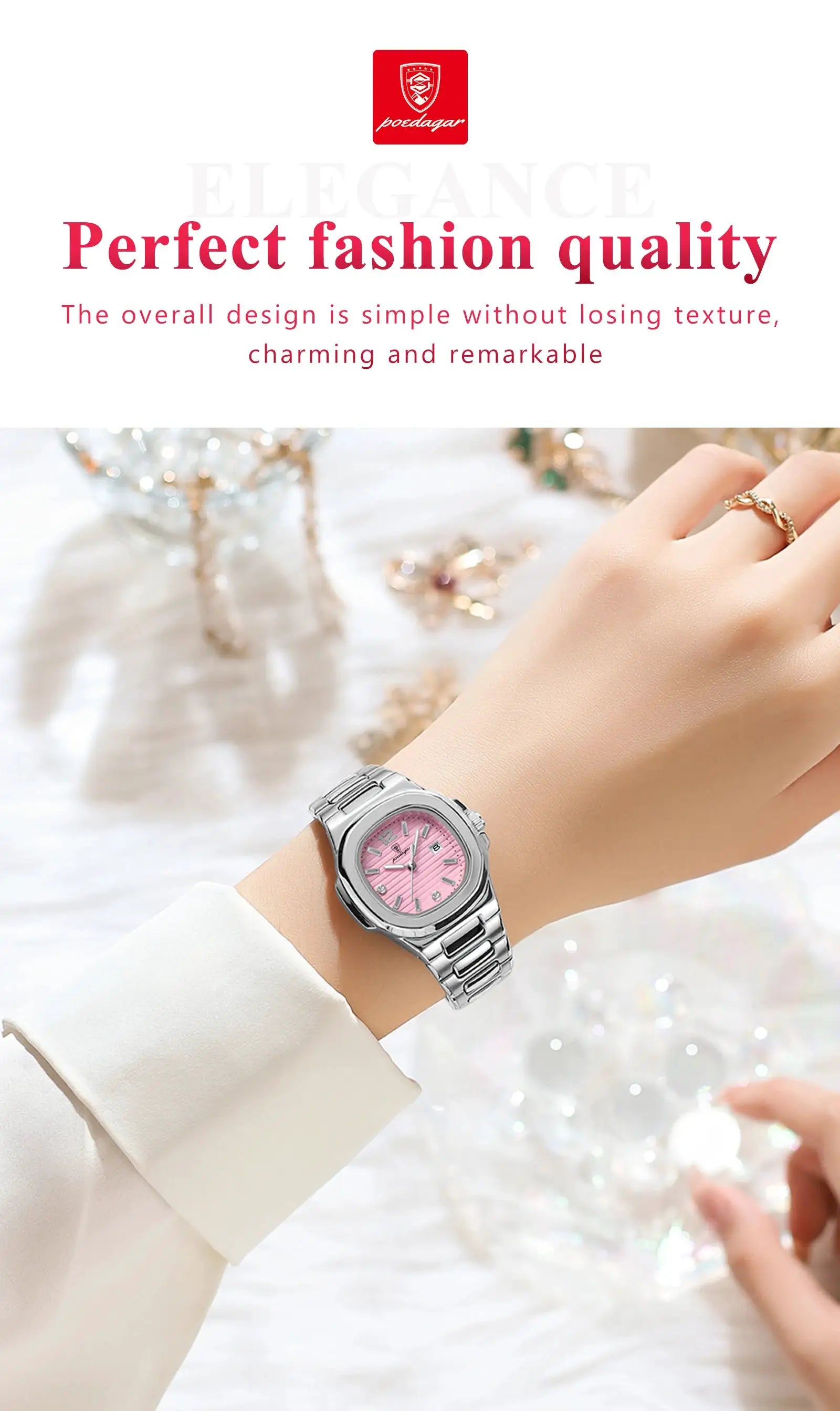 POEDAGAR square women's wristwatch with pink dial and silver metal bracelet