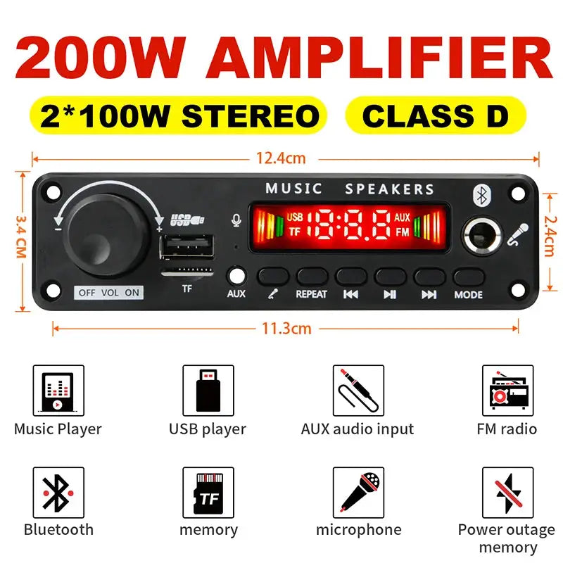 New 200W Bluetooth Amplifier MP3 WAV Decoder Board With USB FM Radio TF Card Slot DC 12V Car Audio