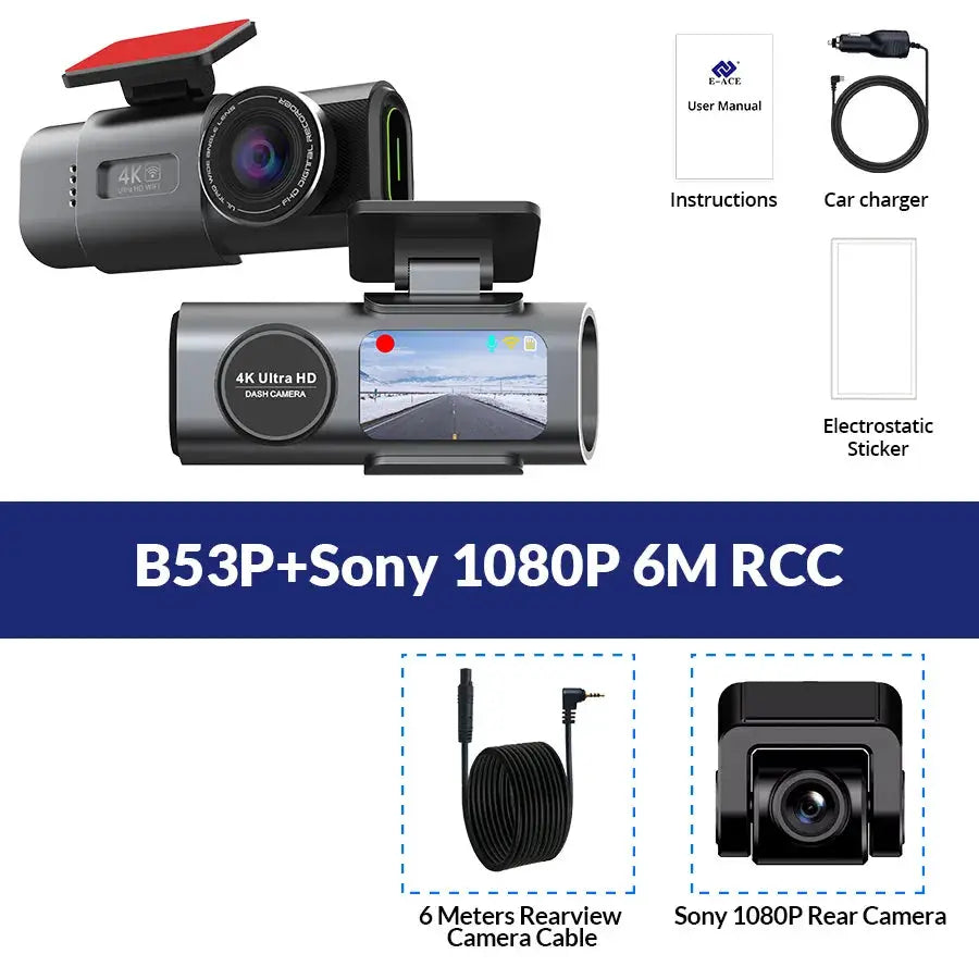 Simples Market dash cam 4K GPS WiFi kit with front 4K camera and rear 1080p camera, includes 6m rear cable.