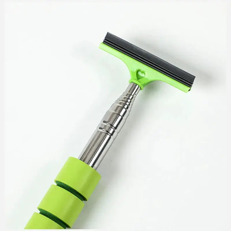 Car window cleaning tool with lime-green handle, telescoping metal shaft, and foam grips; squeegee head with black rubber blade
