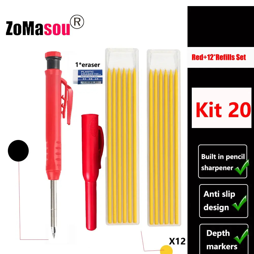 Carpenter mechanical pencil set by Simples Market; red pencil with built-in sharpener and 12 yellow refills