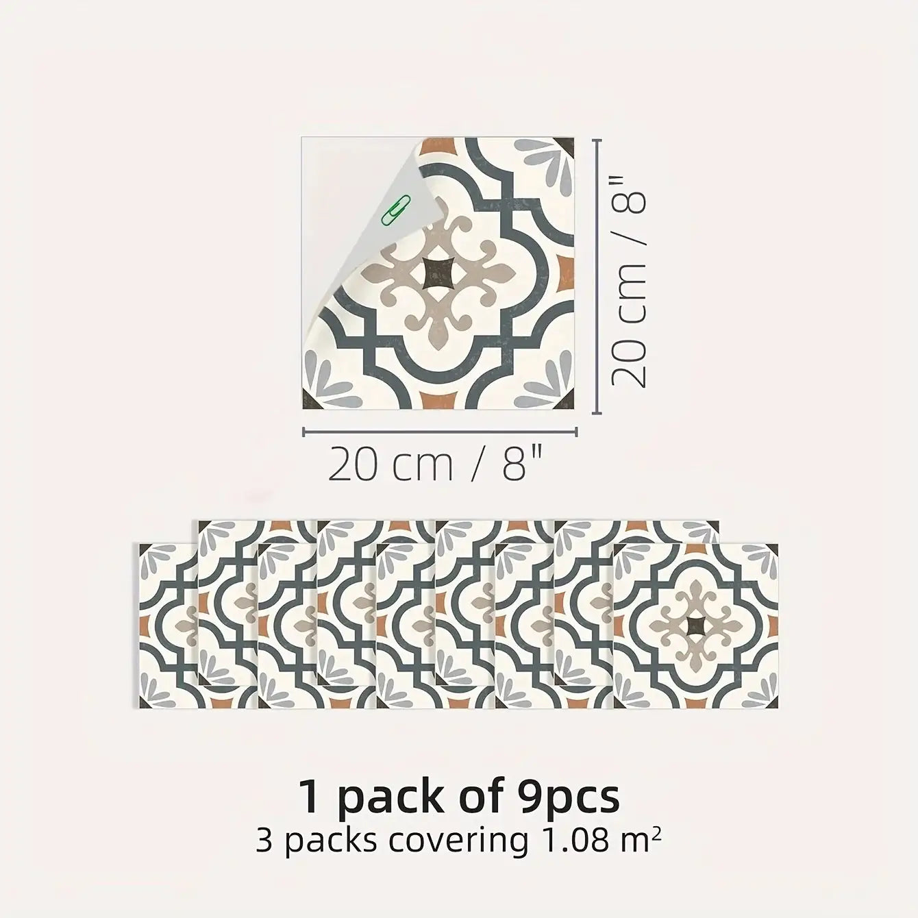 Simples Market tile decals set, 9-piece matte waterproof vinyl with blue, beige and brown pattern
