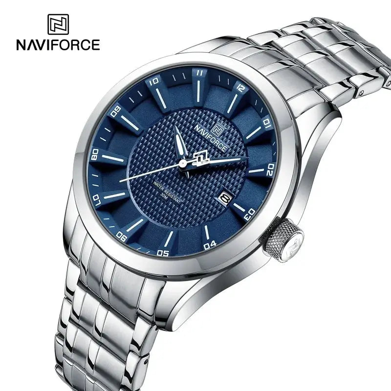 NAVIFORCE men's wristwatch with blue dial and stainless steel bracelet.