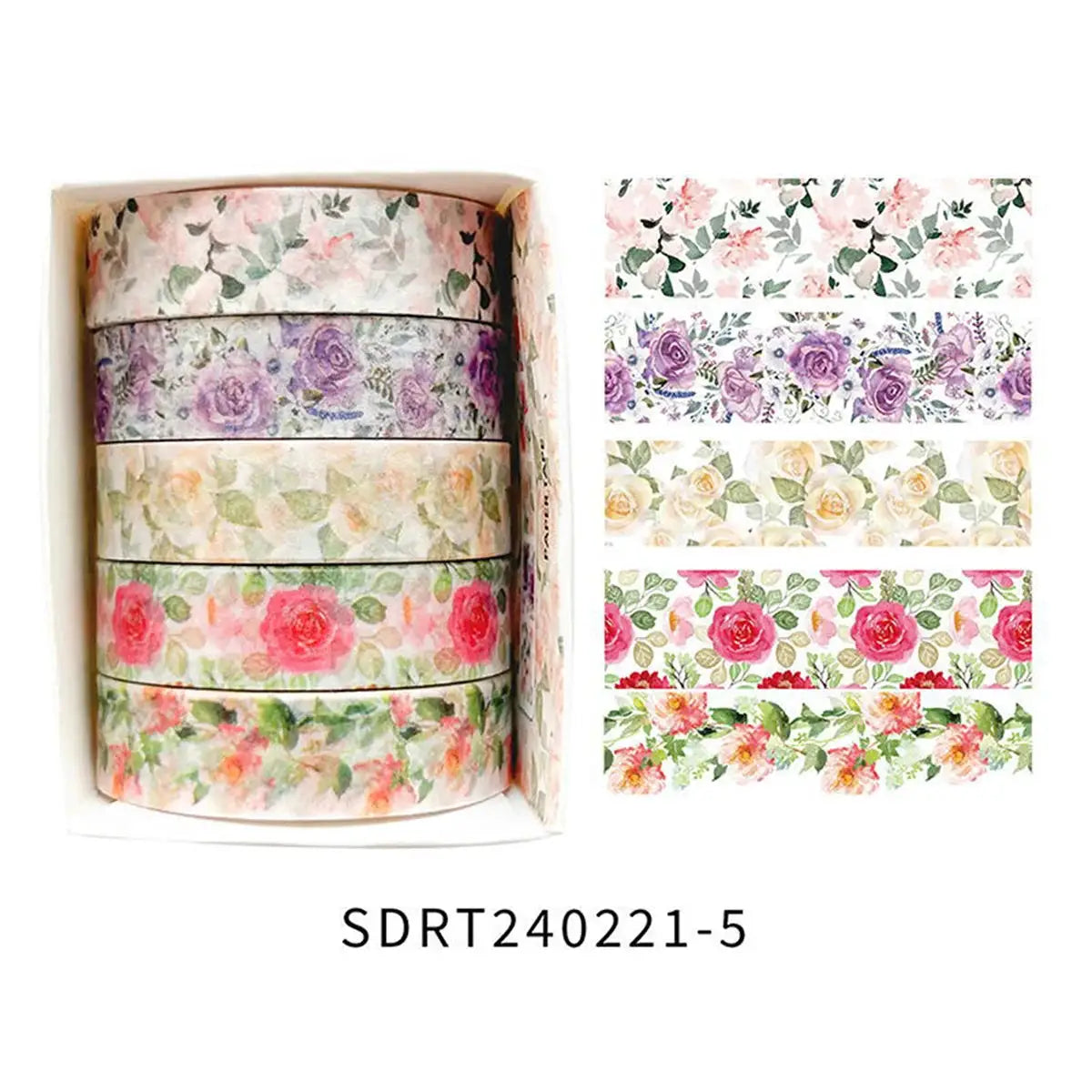 Simples Market 5-pack boxed floral washi tape set with pastel pink, purple, and yellow rose patterns for students