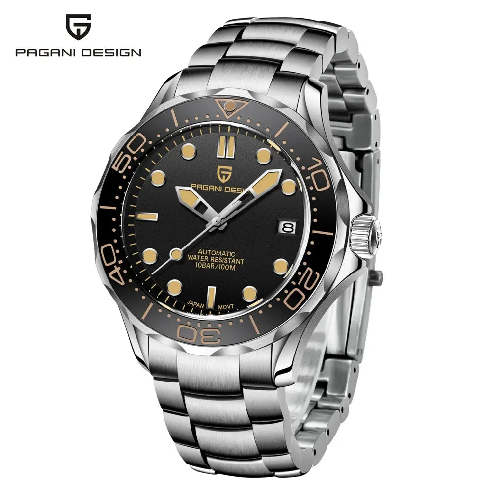 Pagani Design men's luxury automatic watch with black dial, gold markers, sapphire crystal.