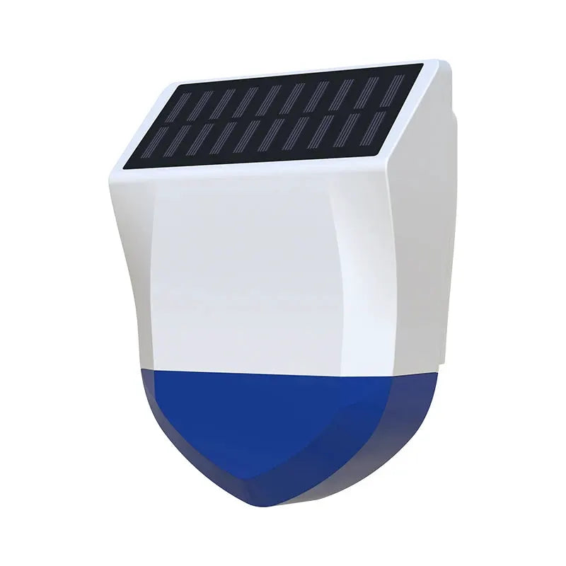 Tuya Smart outdoor siren alarm, white body with blue base, solar panel, Zigbee/WiFi, 95dB